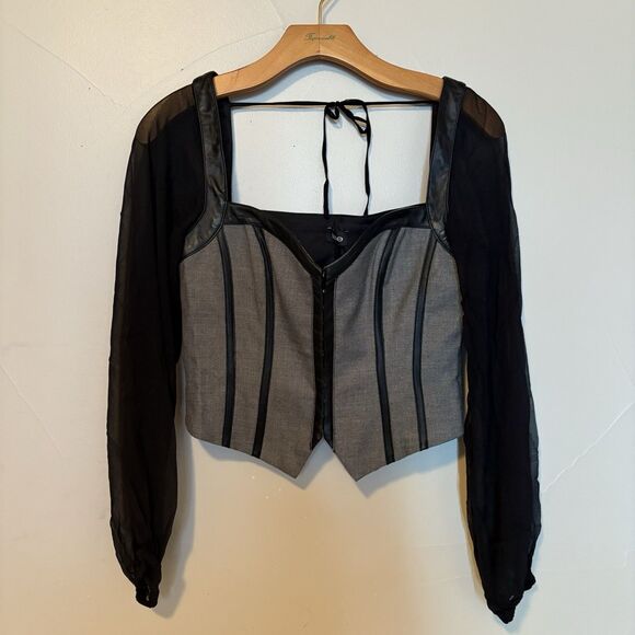 Bebe Y2K Leather & Silk Sheer Long Sleeve Corset Top Size Small Eye Hook Close - Picture 1 of 16